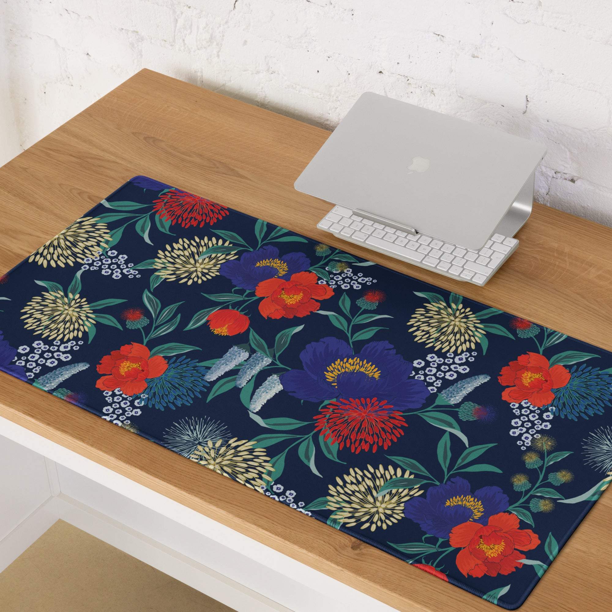 Floral navy blue gaming mouse pad with red purple yellow blossoms non-slip base