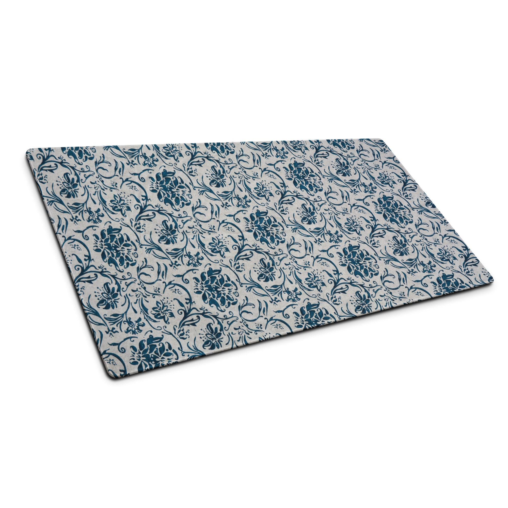 Elegant floral navy blue rectangular glass cutting board on gray background