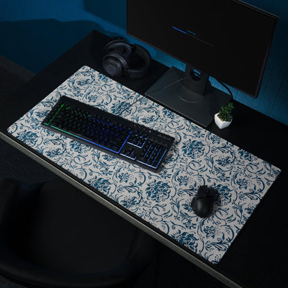 Blue and white floral gaming mouse pad with non-slip base and stitched edges