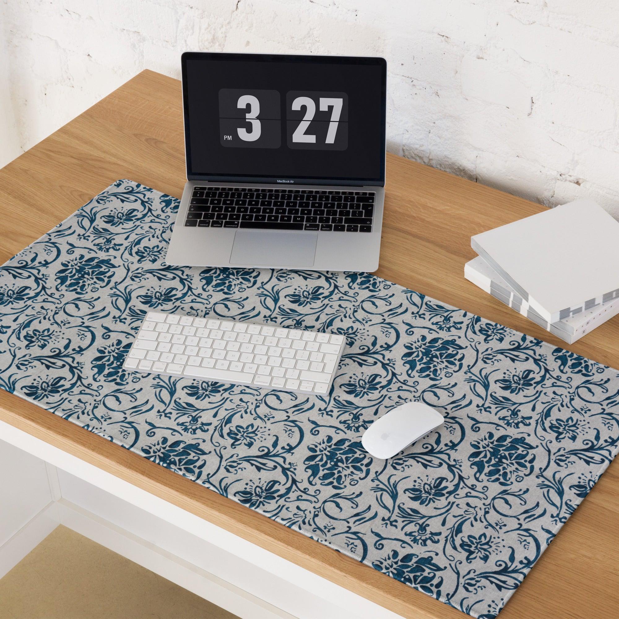 Blue floral patterned large gaming mouse pad with non-slip base