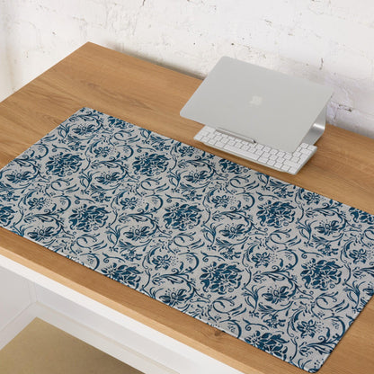 Elegant navy blue floral gaming mouse pad under laptop, non-slip base