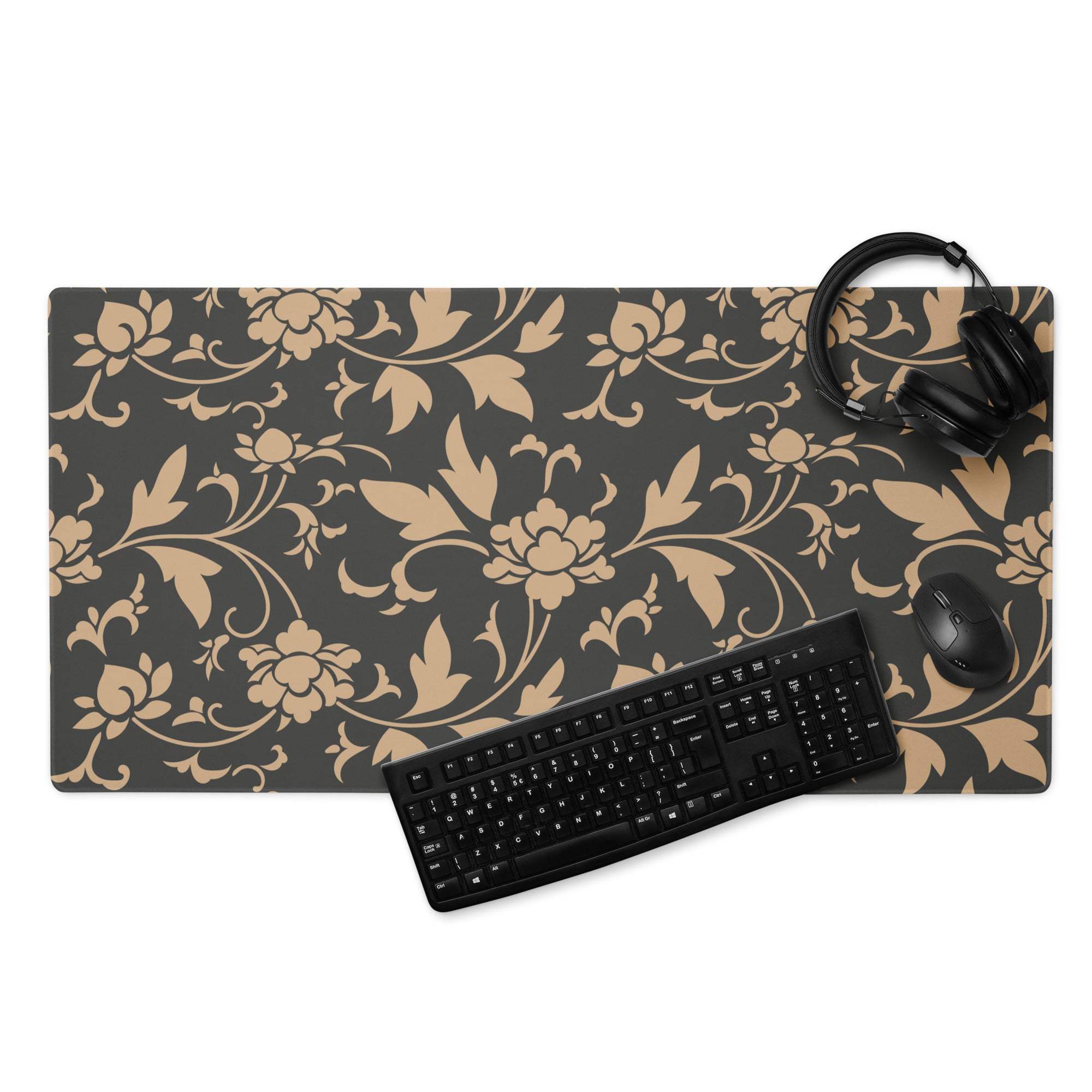 Elegant black floral gaming mouse pad with tan pattern, large non-slip stitched