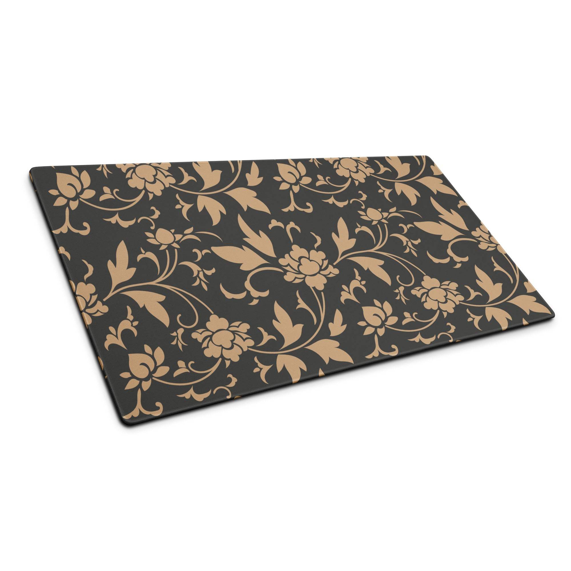 Elegant black floral gaming mouse pad with gold pattern, large non-slip
