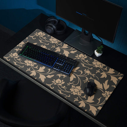 Elegant black floral gaming mouse pad with tan pattern, large non-slip stitched design
