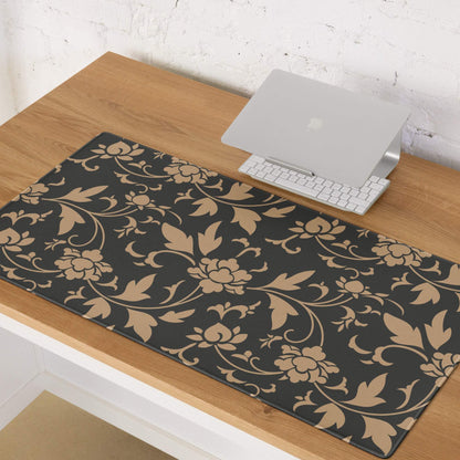 Elegant black floral gaming mouse pad with gold vine patterns, large non-slip stitched