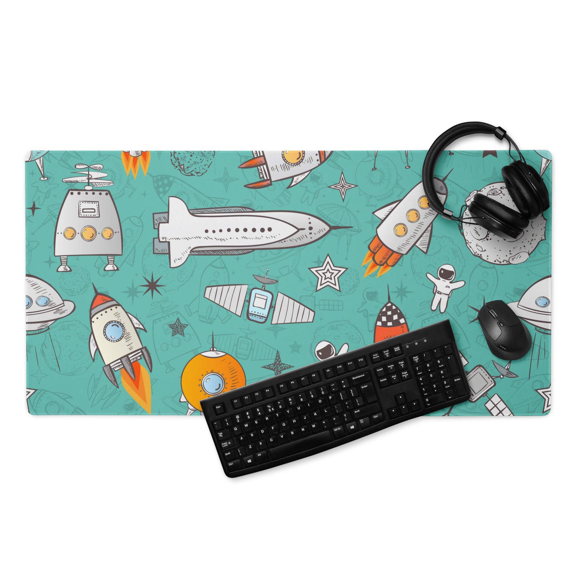 Teal space-themed gaming mouse pad with rockets, robots, astronauts, non-slip base