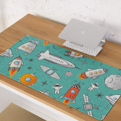 Teal space themed gaming mouse pad with rockets, astronauts, planets, large size, non-slip base