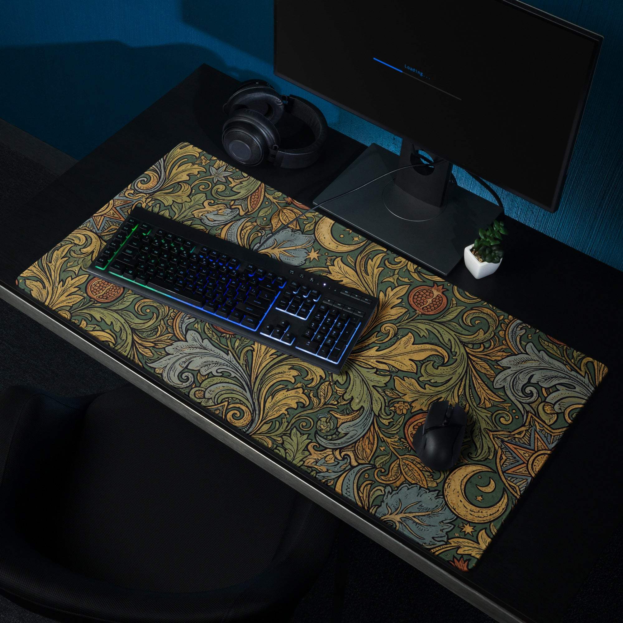 Ornate vintage floral gaming mouse pad with green gold brown celestial pattern