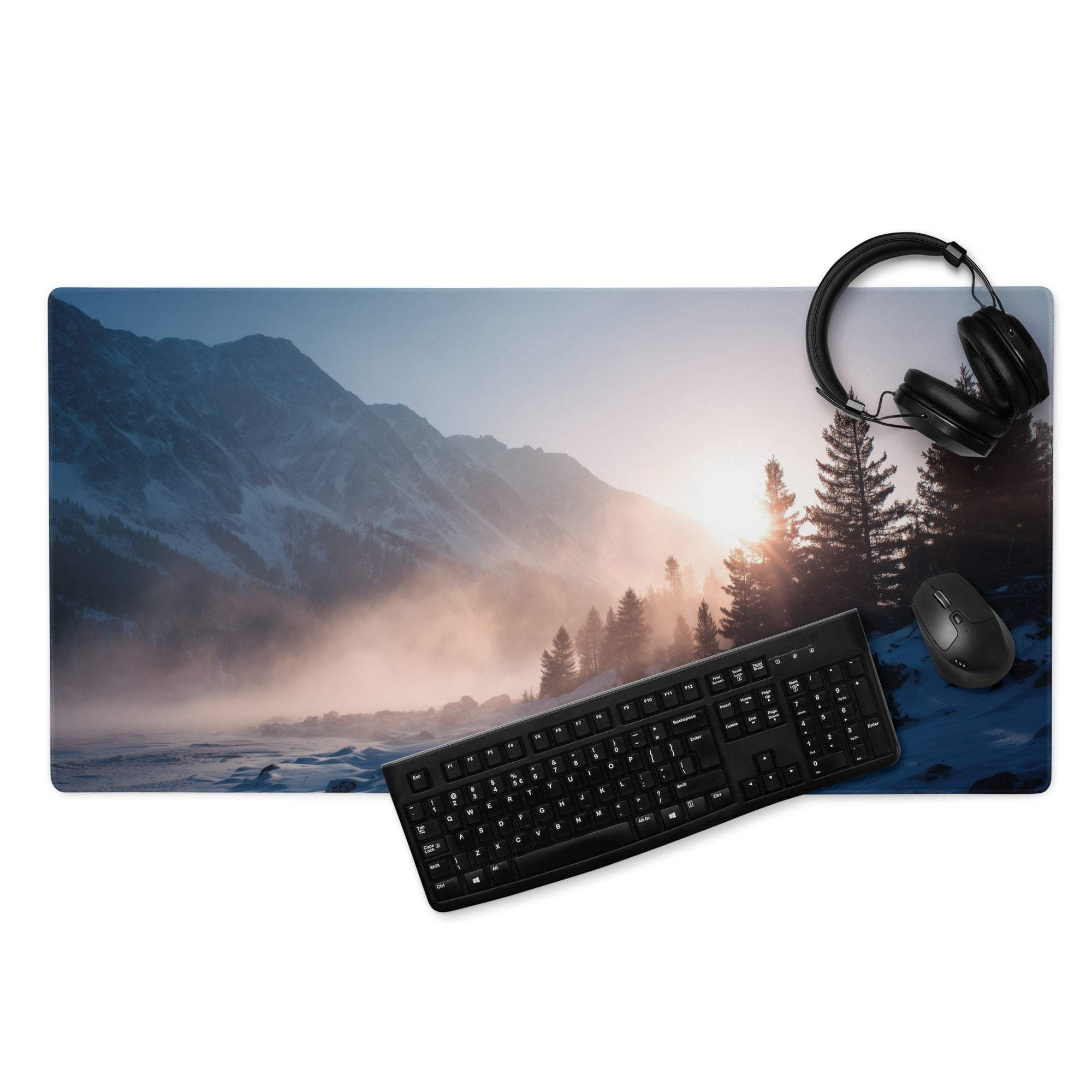Premium Mountain Sunrise blue serene glacier gaming mouse pad with misty peaks