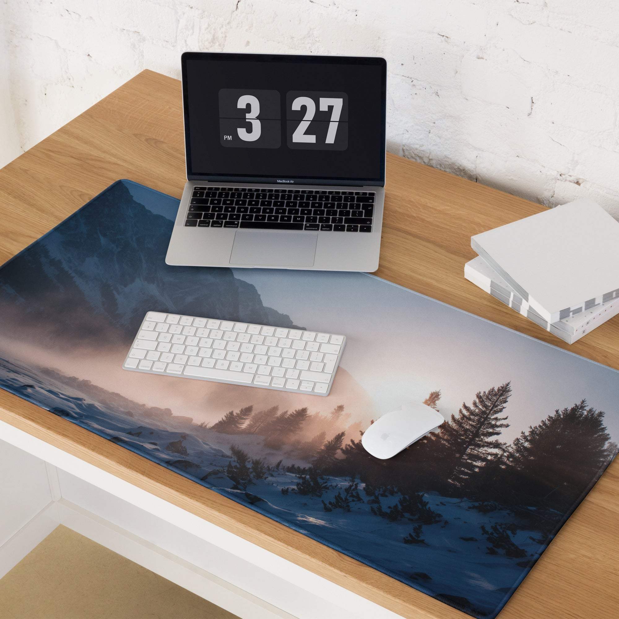 Premium large gaming mouse pad with serene mountain sunrise landscape