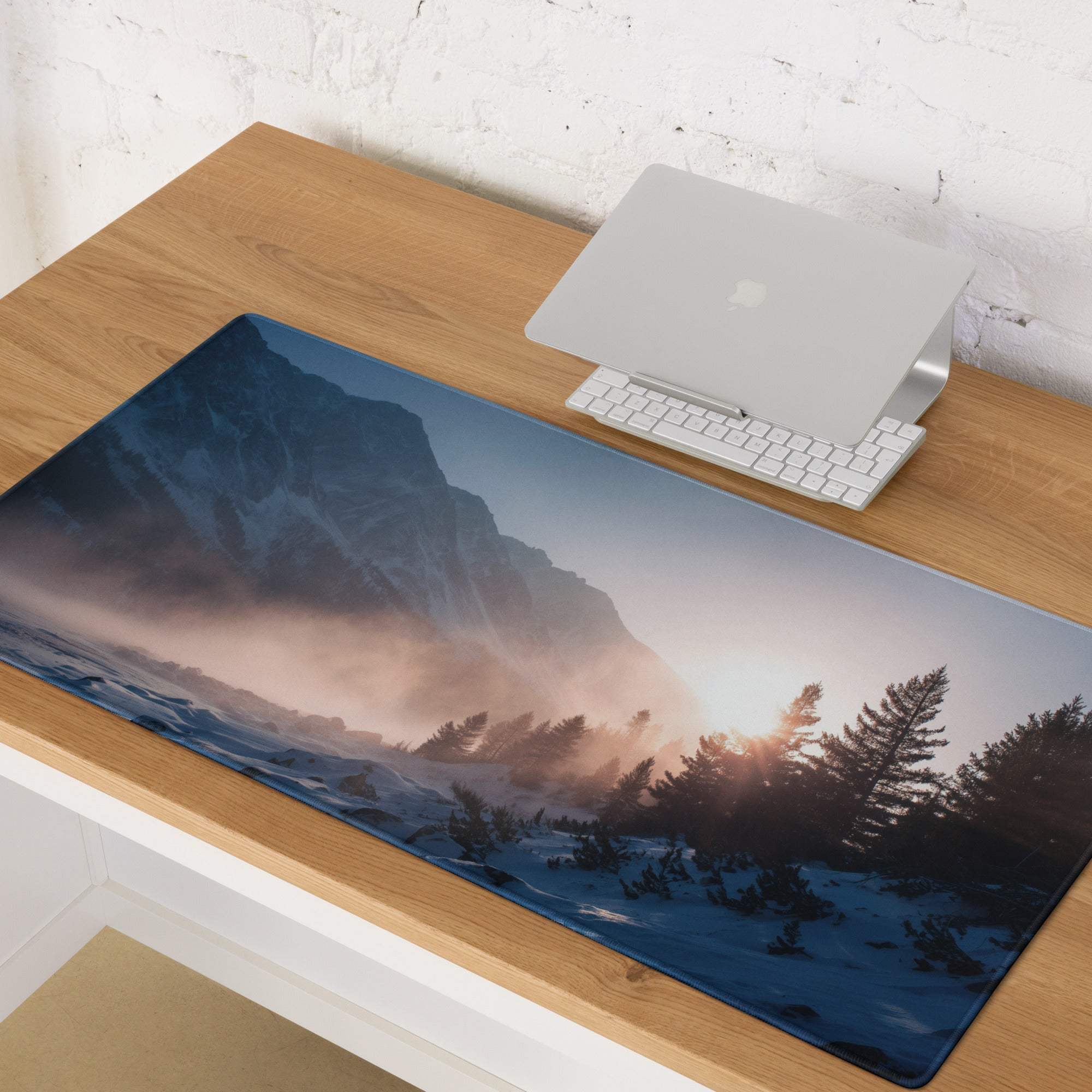 Premium mountain sunrise blue serene glacier gaming mouse pad with stitched edges