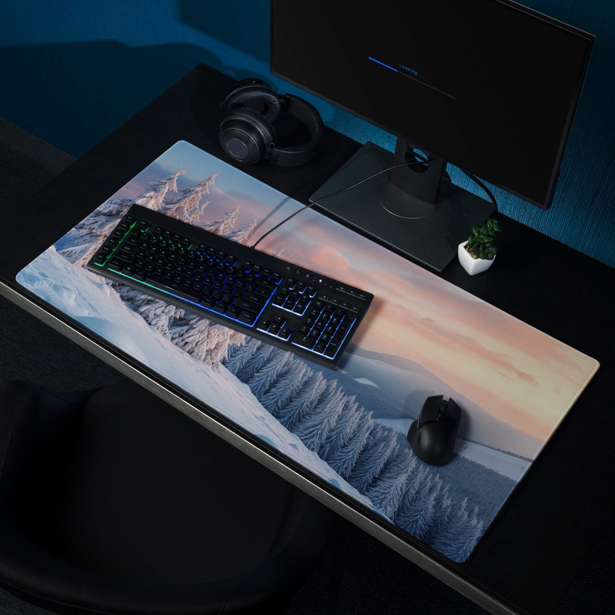 Winter Forest Snowy Landscape Gaming Mouse Pad with mountains under twilight sky
