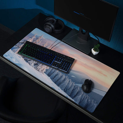Winter Forest Snowy Landscape Gaming Mouse Pad with mountains under twilight sky
