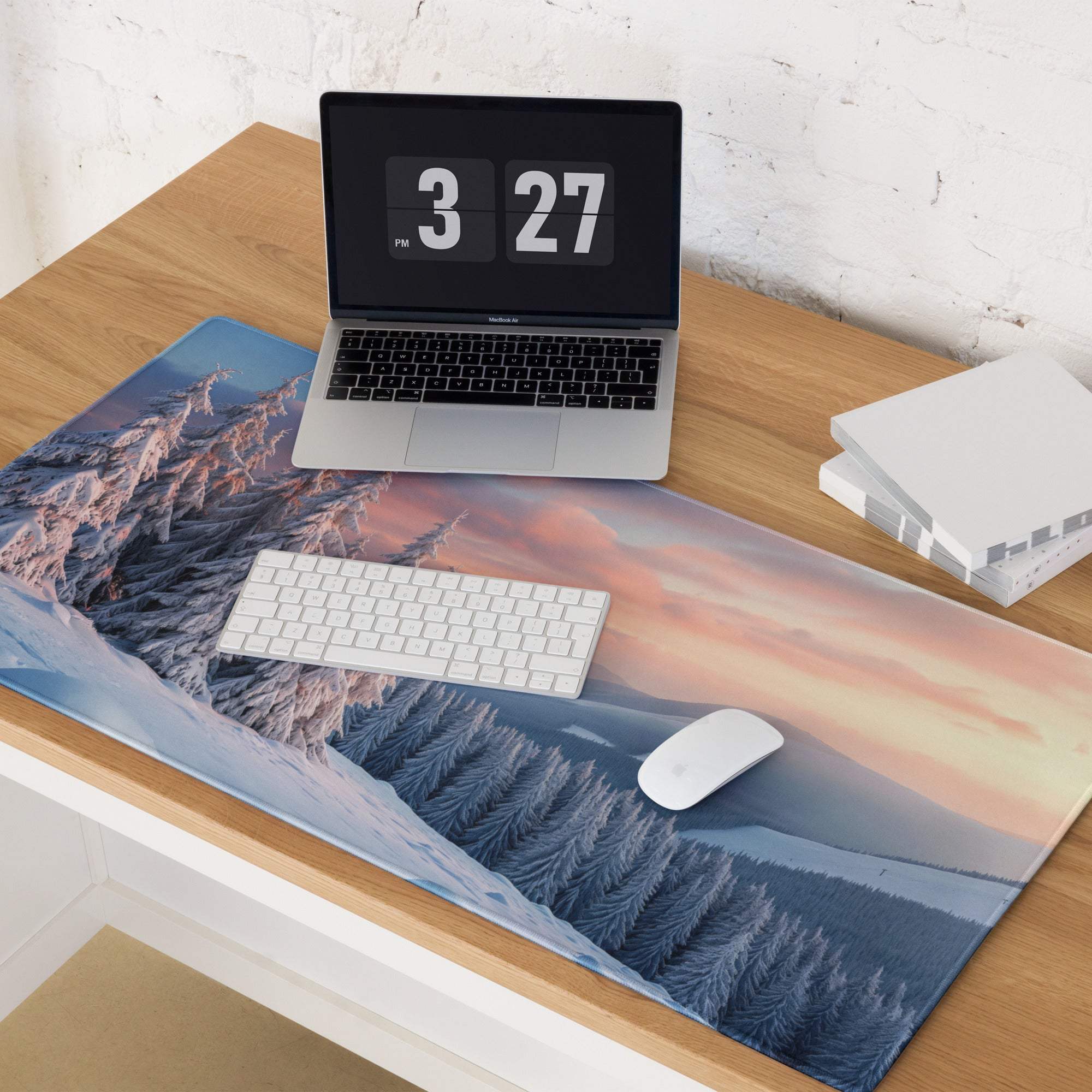 Winter Forest Snowy Landscape gaming mouse pad with frost-covered mountains, non-slip base