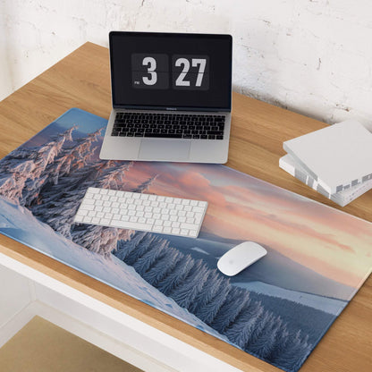 Winter Forest Snowy Landscape gaming mouse pad with frost-covered mountains, non-slip base