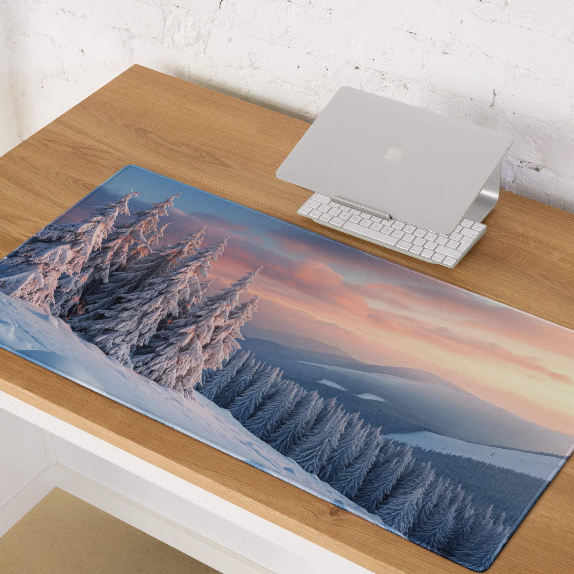 Winter Forest Snowy Landscape gaming mouse pad with frost-covered pines and sunset hues
