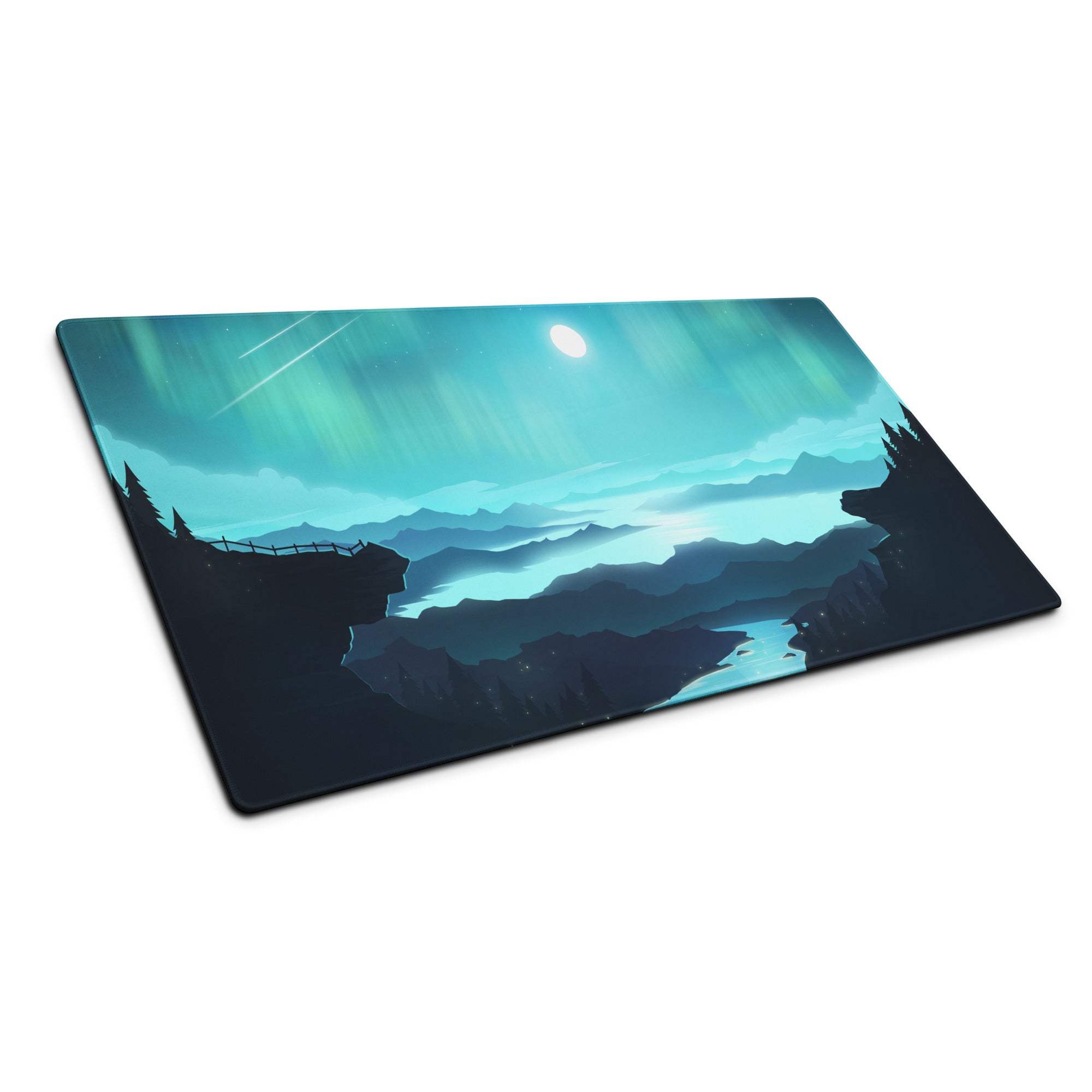 Epic Aurora Landscape gaming mouse pad with teal aurora, mountains, non-slip base