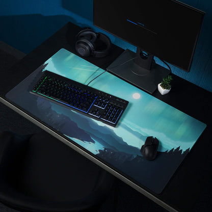 Epic Aurora teal black mountain gaming mouse pad with moon glow