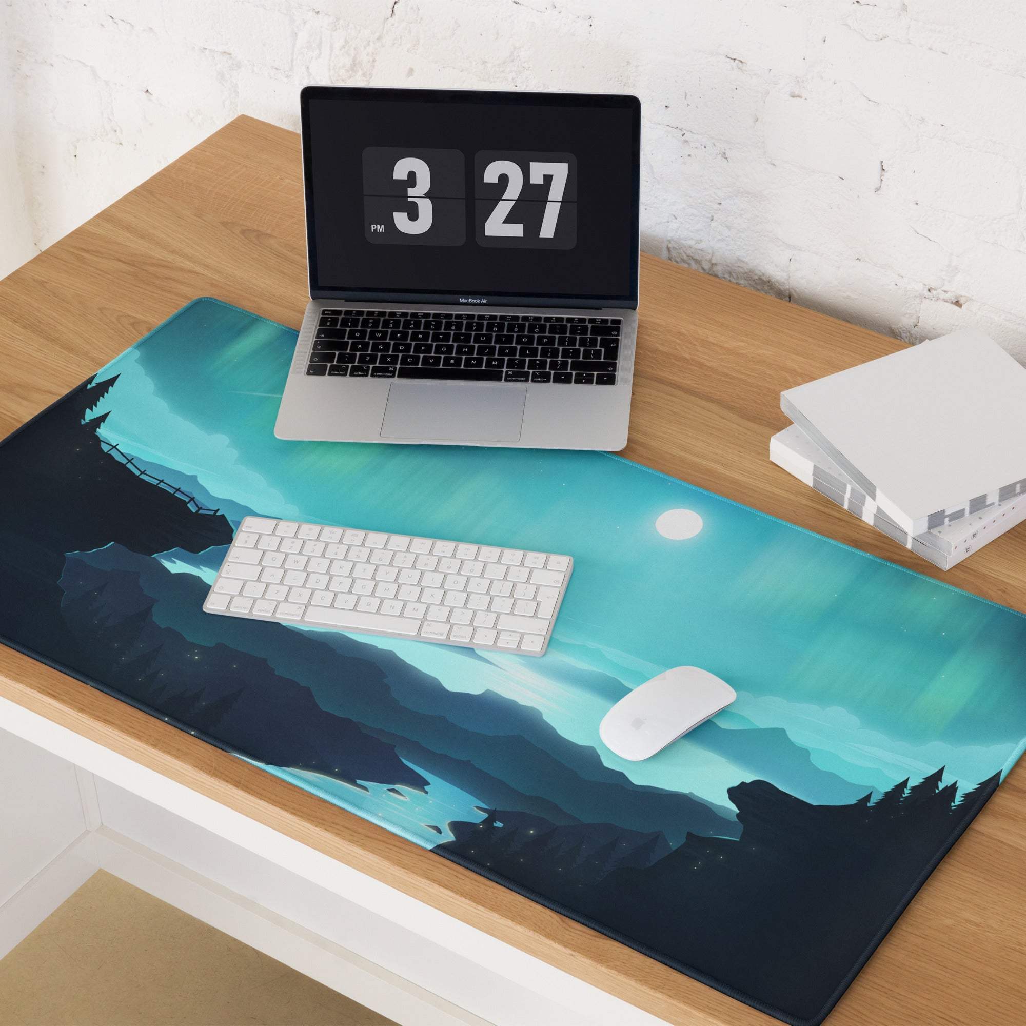 Epic Aurora Landscape gaming mouse pad with teal moonlit mountains design