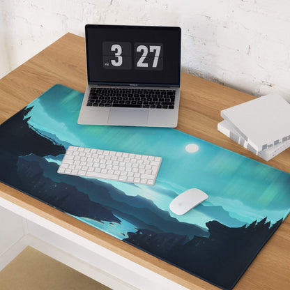 Epic Aurora Landscape gaming mouse pad with teal moonlit mountains design
