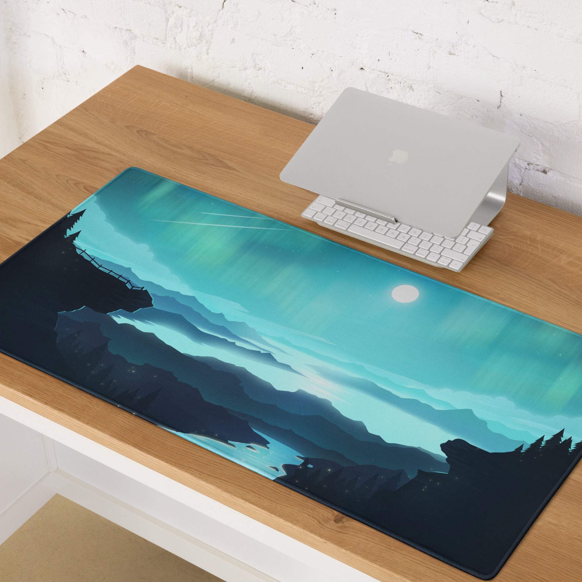 Epic Aurora Landscape gaming mouse pad with teal mountains, aurora sky, edge stitching, non-slip base