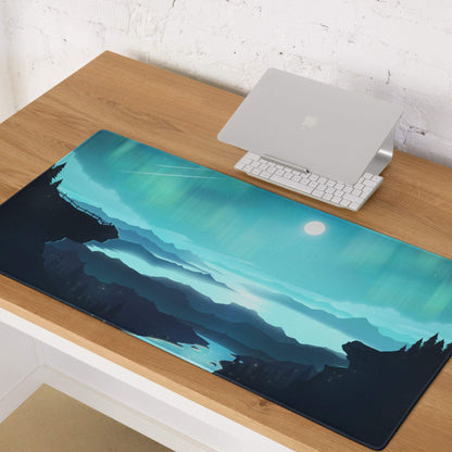 Epic Aurora Landscape gaming mouse pad with teal mountains, aurora sky, edge stitching, non-slip base