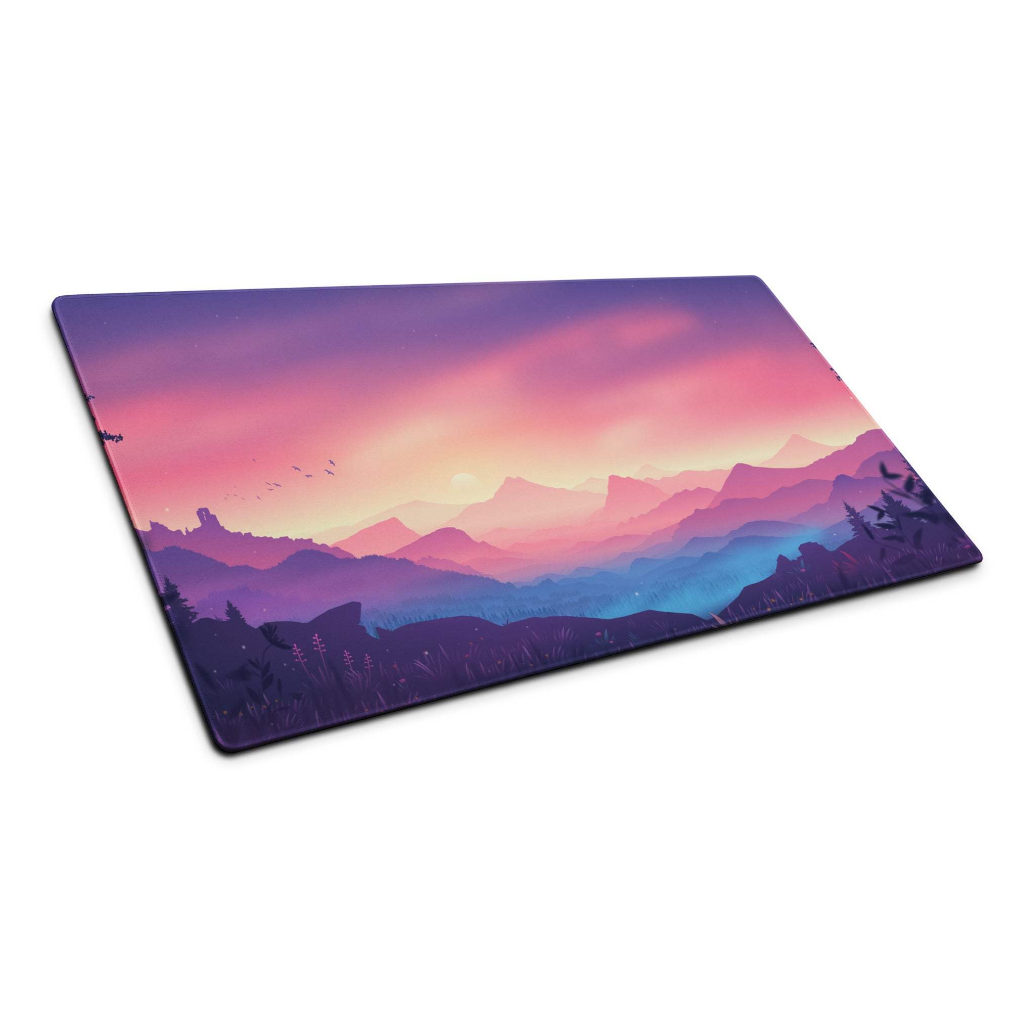 Dreamy mountain sunset gaming mouse pad with purple pink blue gradient, non-slip backing
