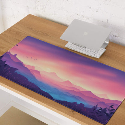 Dreamy mountain sunset gaming mouse pad with pink-purple gradient and non-slip backing