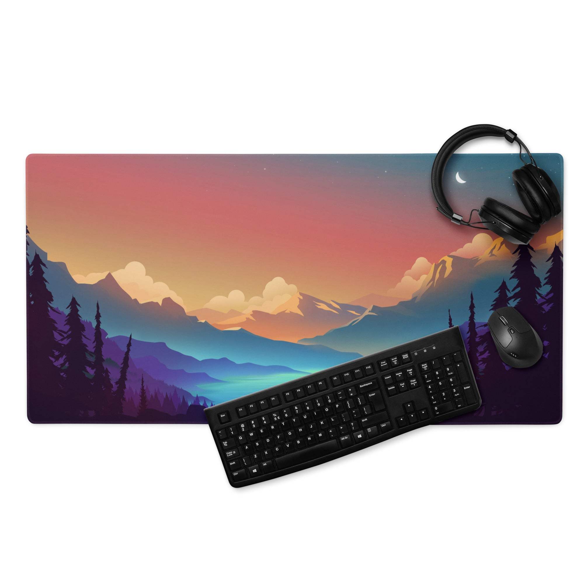 Large sunset mountain landscape gaming mouse pad with non-slip backing