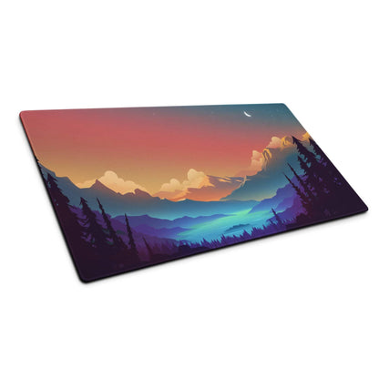 Large sunset mountain gaming mouse pad with non-slip backing and stitched edges
