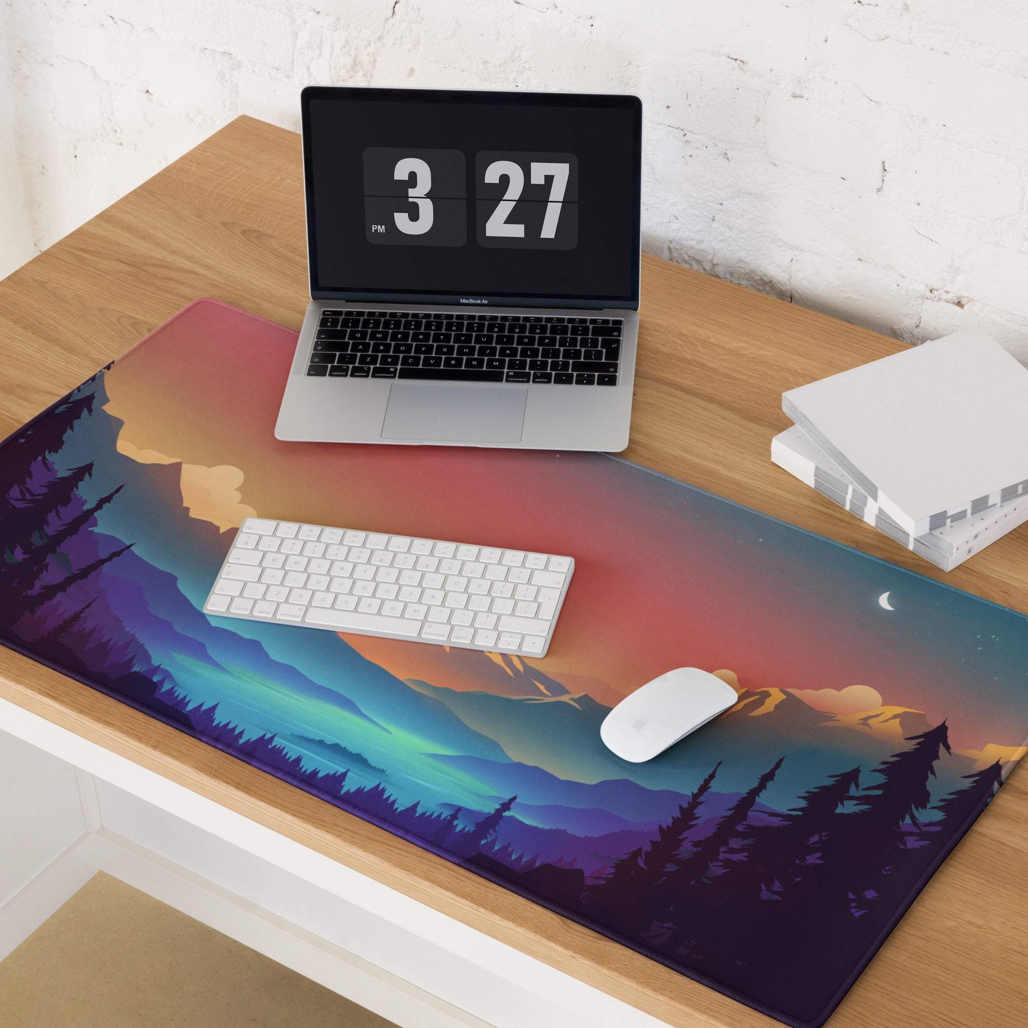 Large sunset mountain gaming mouse pad with non-slip backing and stitching