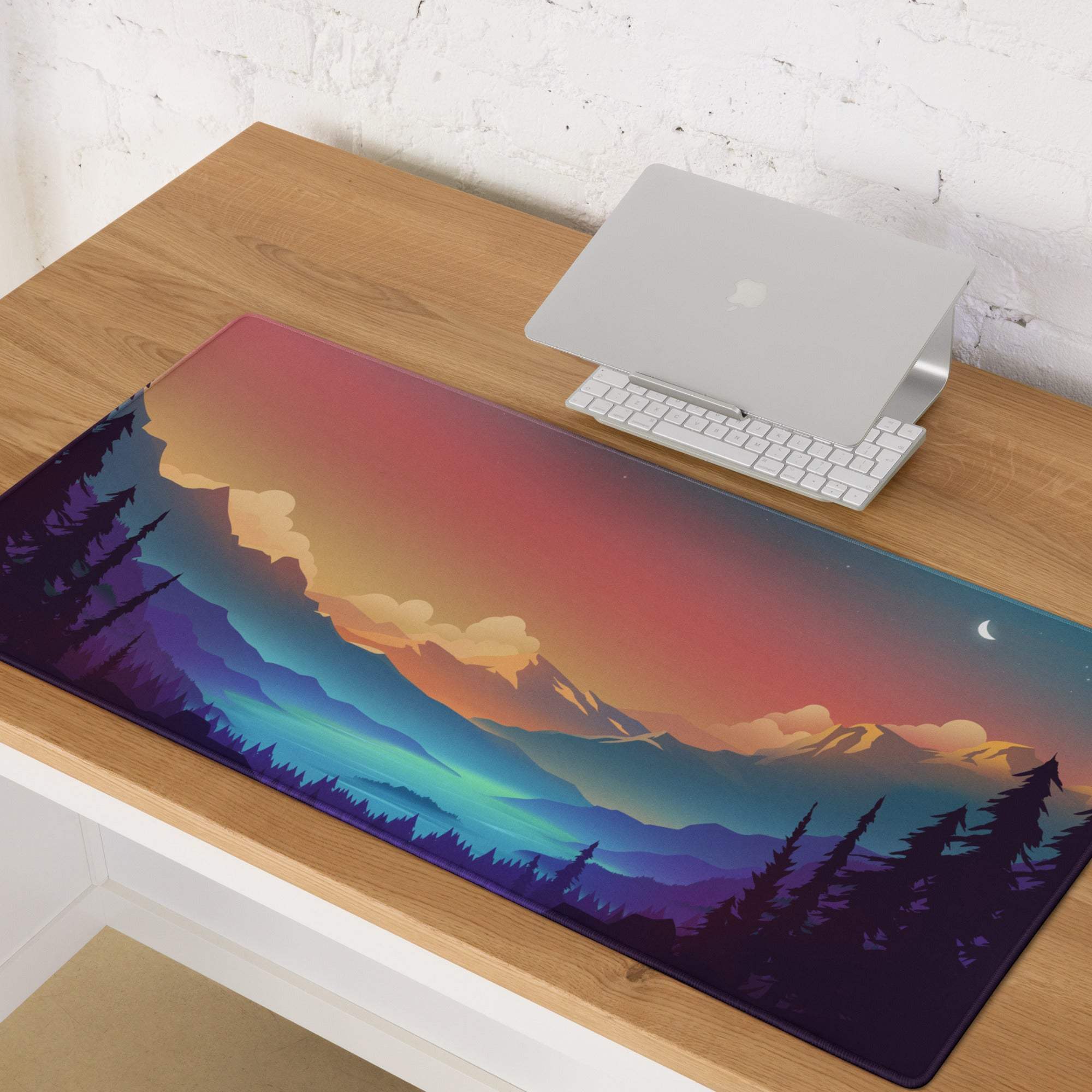 Large sunset mountain gaming mouse pad with non-slip backing and stitched edges