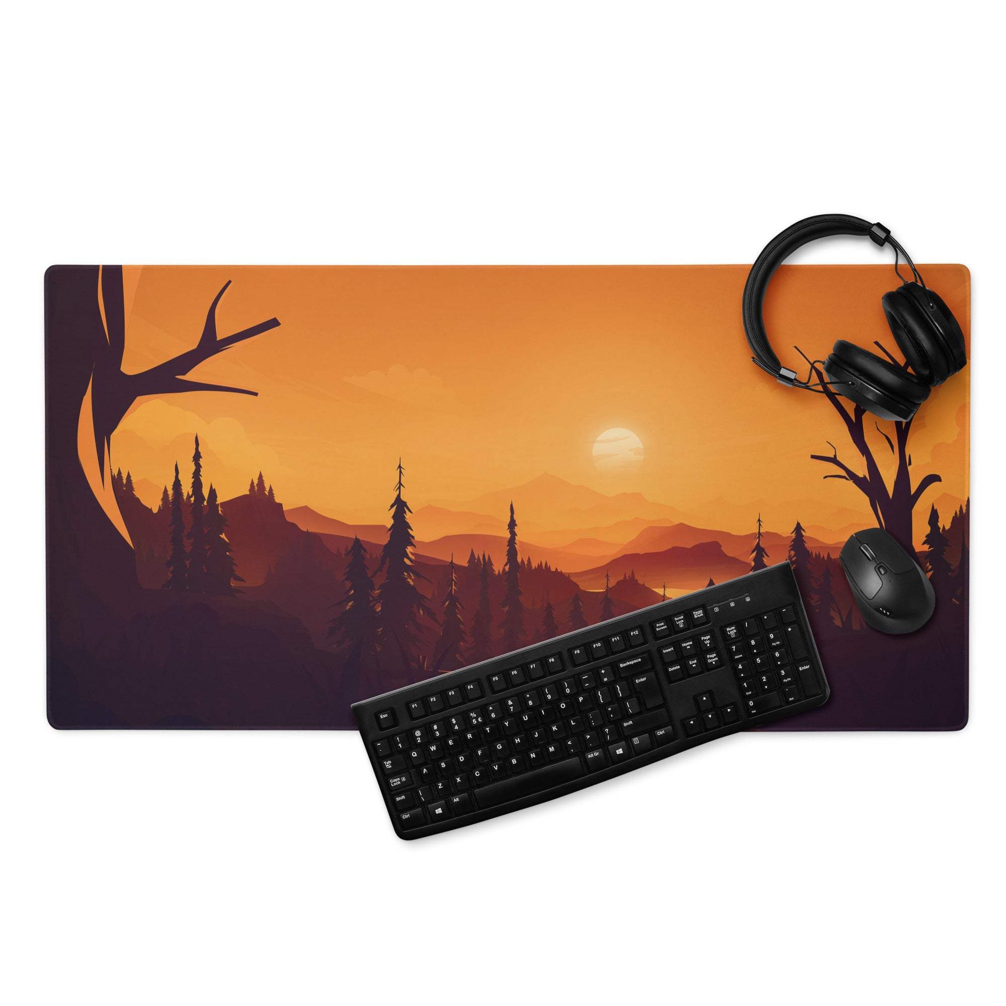 Bold Sunset Forest large gaming mousepad with orange purple gradient, tree mountain silhouettes, setting sun, edge stitching, non-slip base