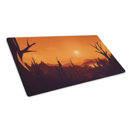 Bold Sunset Forest large gaming mouse pad with sunset landscape, edge stitching, non-slip base