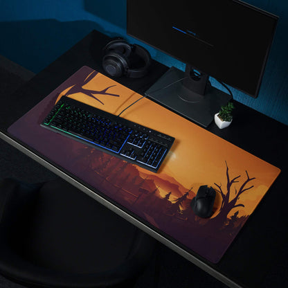 Bold Sunset Forest large gaming mouse pad with orange-purple gradient, tree silhouettes, edge stitching, non-slip base