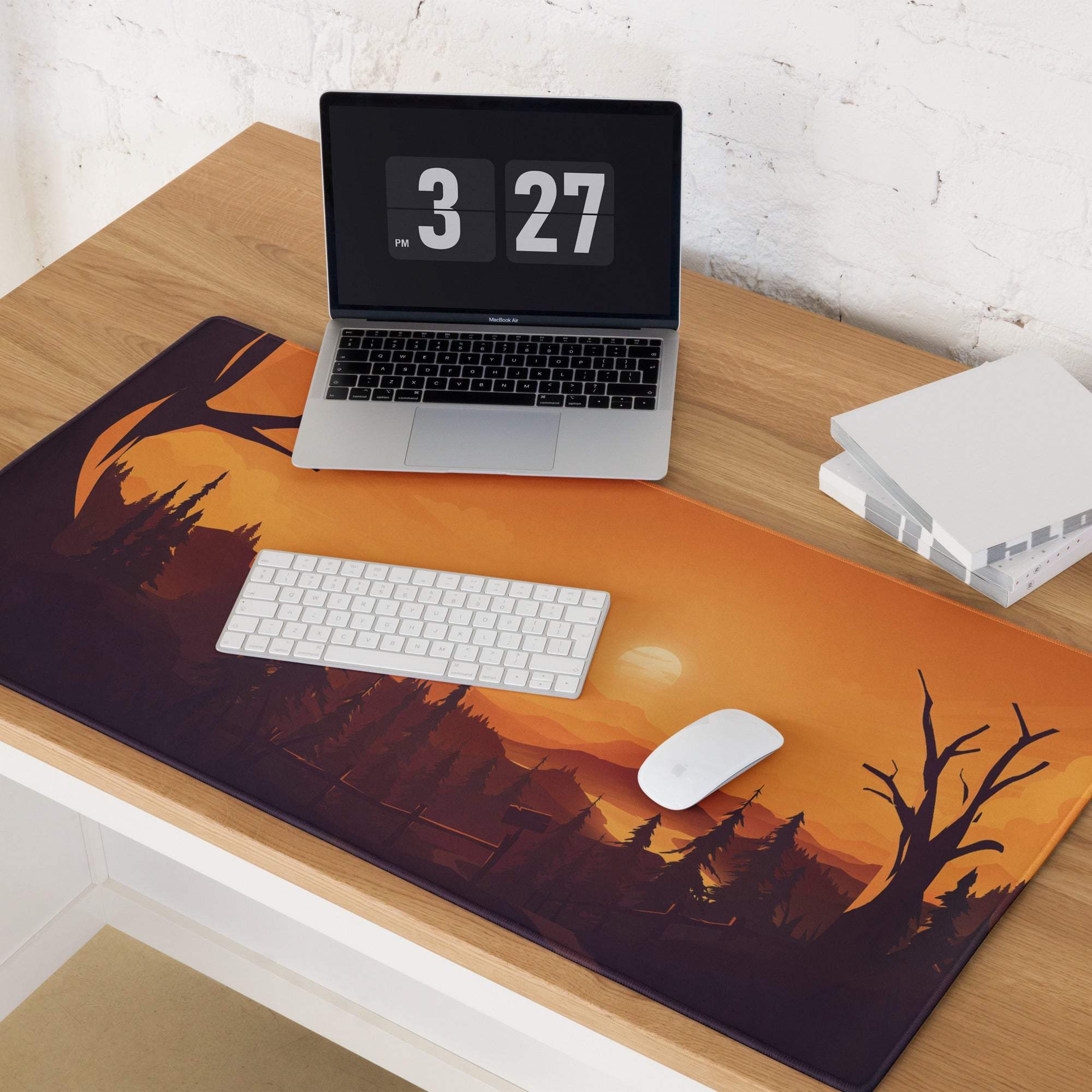 Bold sunset forest theme large gaming mouse pad with orange black design