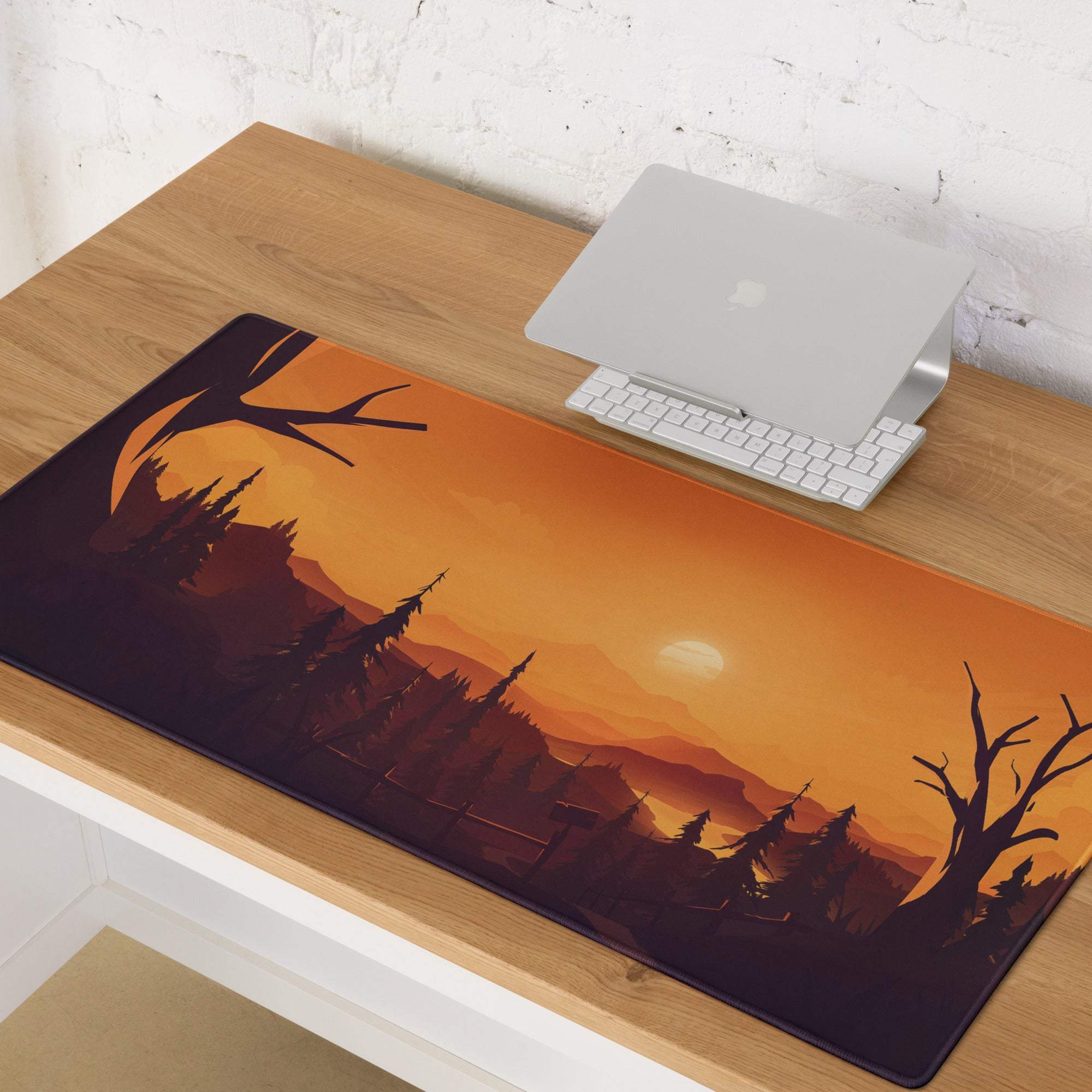 Bold Sunset Forest large gaming mouse pad with orange mountain silhouette