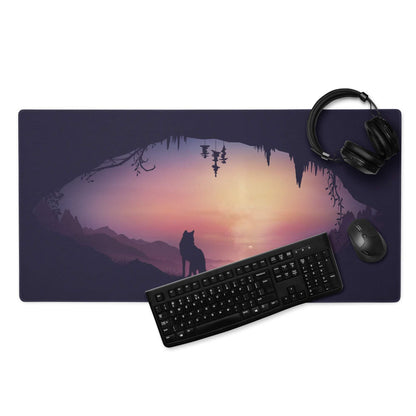 Dark purple wolf silhouette sunset mousepad with non-slip base