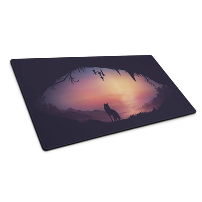 Stylized wolf silhouette at vibrant sunset gaming mouse pad