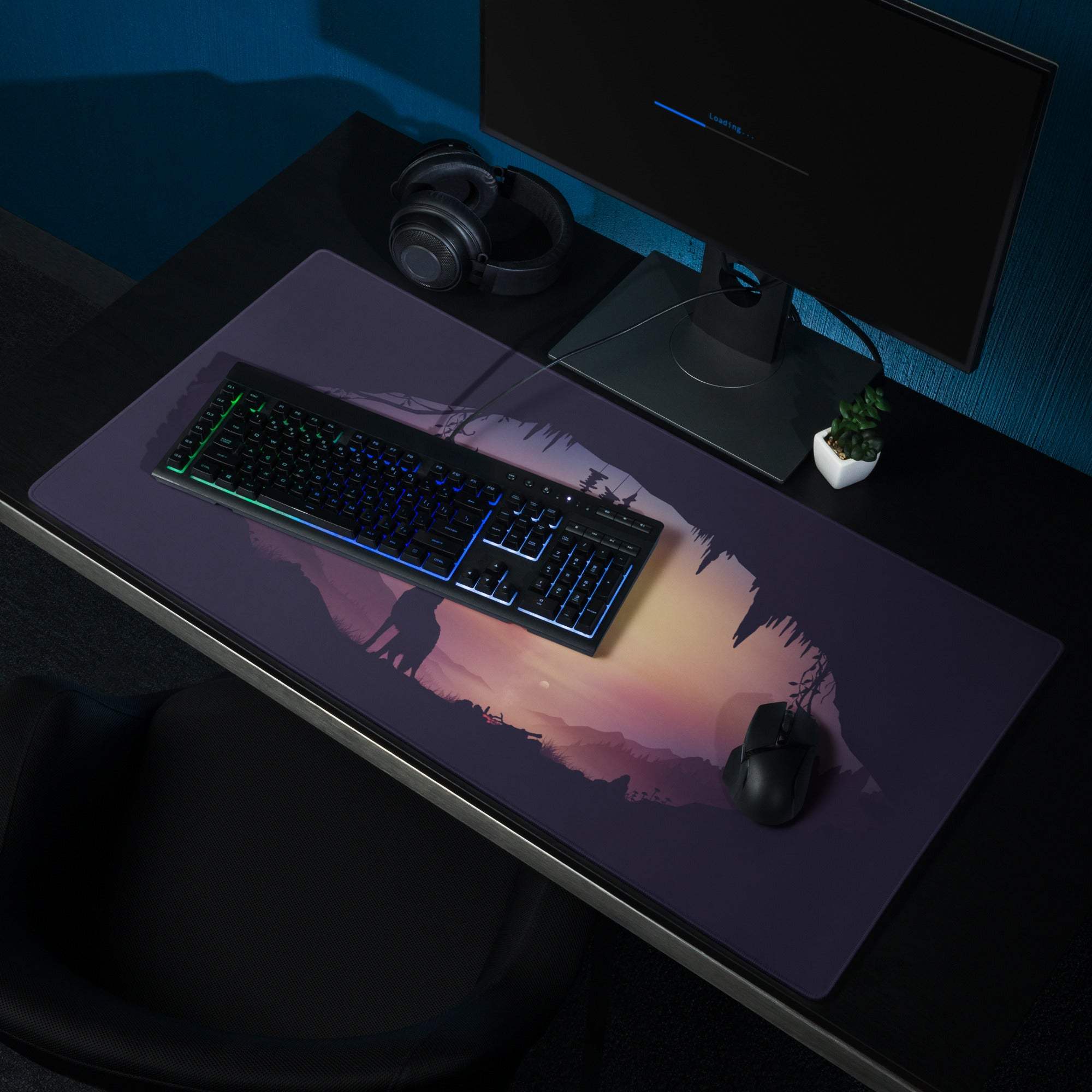 Purple stylized wolf sunset gaming mousepad with silhouetted mountains