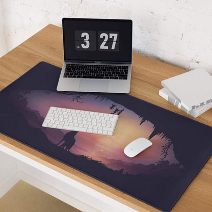 Stylized wolf at sunset gaming mouse pad on wooden desk under laptop