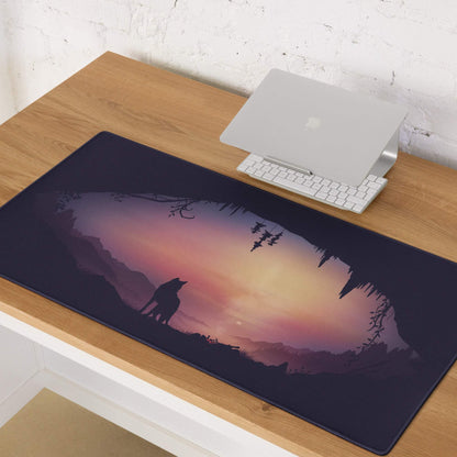 Stylized wolf silhouette at sunset on dark blue gaming mouse pad