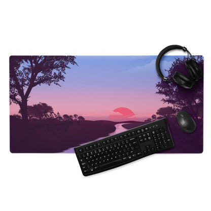 Dreamy sunset gaming mouse pad with purple twilight silhouetted trees river