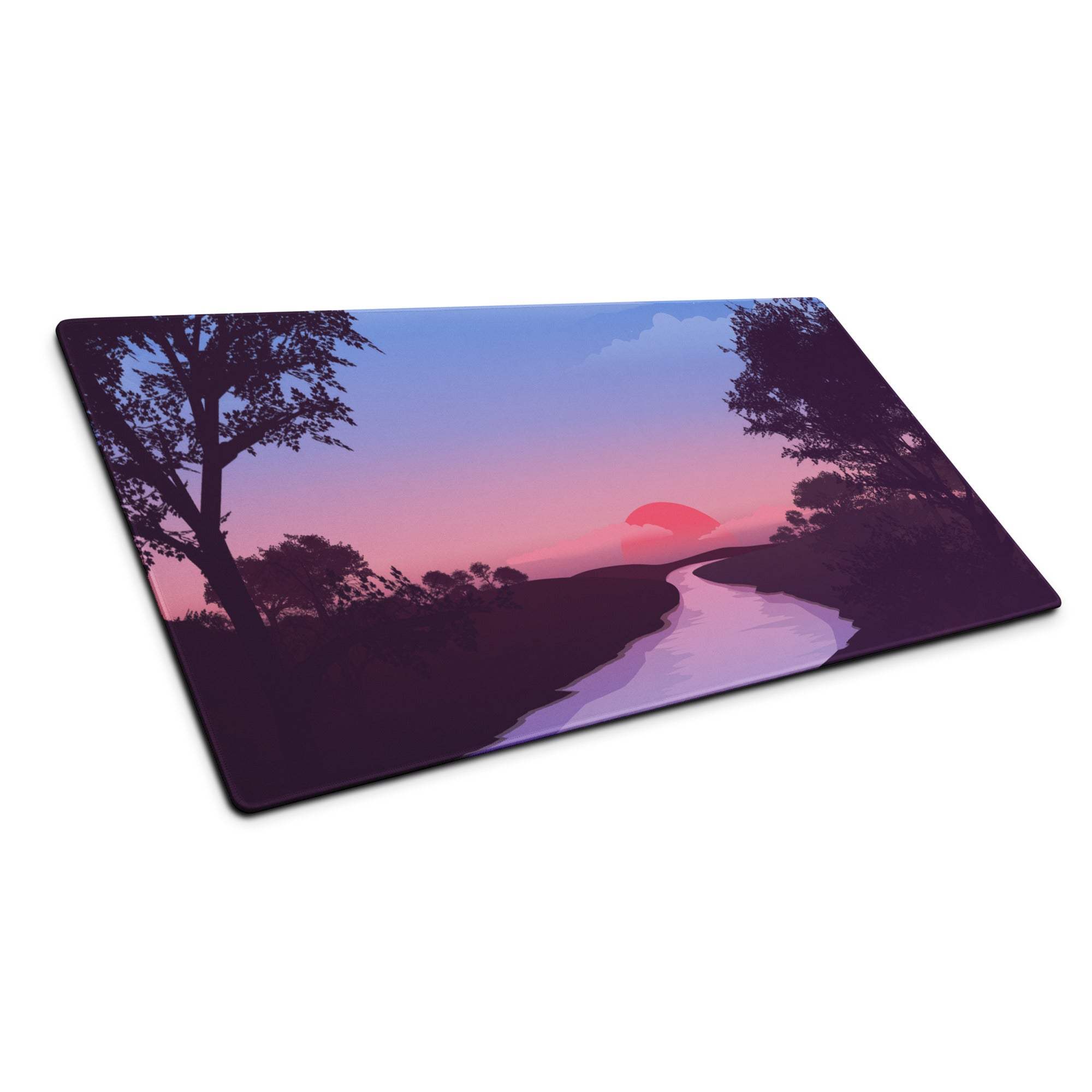 Dreamy sunset gaming mouse pad with silhouetted trees and purple twilight gradients