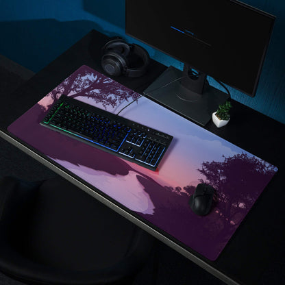 Dreamy sunset purple pink gradient mousepad with tree silhouettes