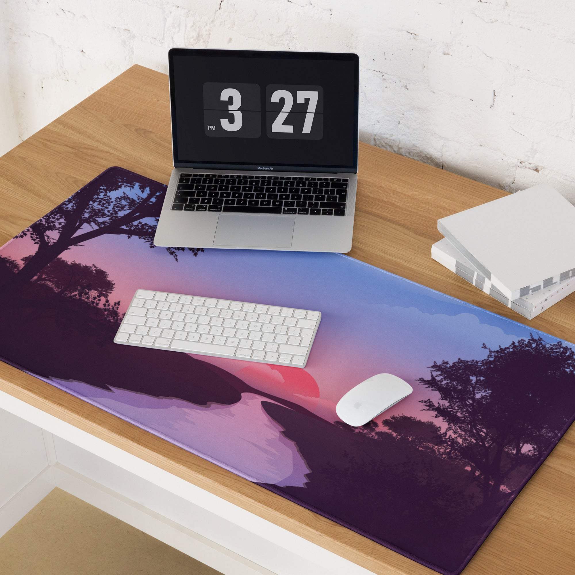 Dreamy sunset gaming mouse pad with purple twilight, silhouetted trees, non-slip base