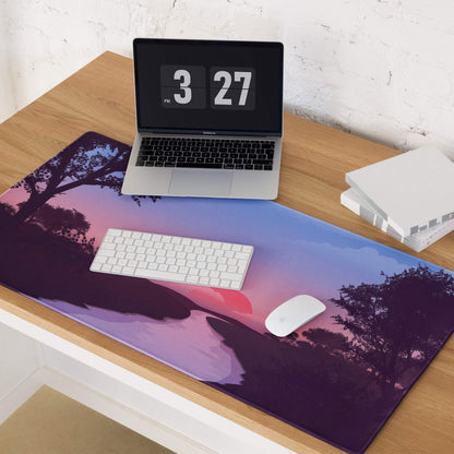 Dreamy sunset gaming mouse pad with purple twilight, silhouetted trees, non-slip base