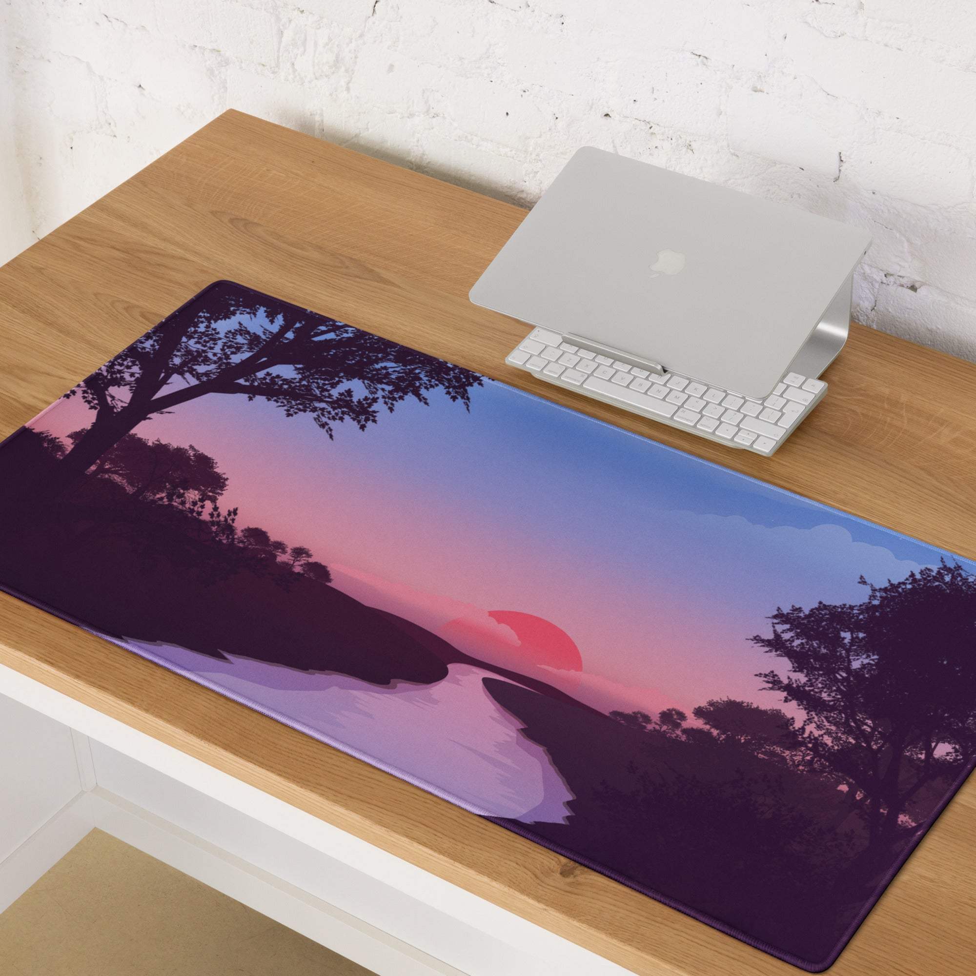 Dreamy sunset gaming mouse pad with purple twilight, stitched edges, non-slip base
