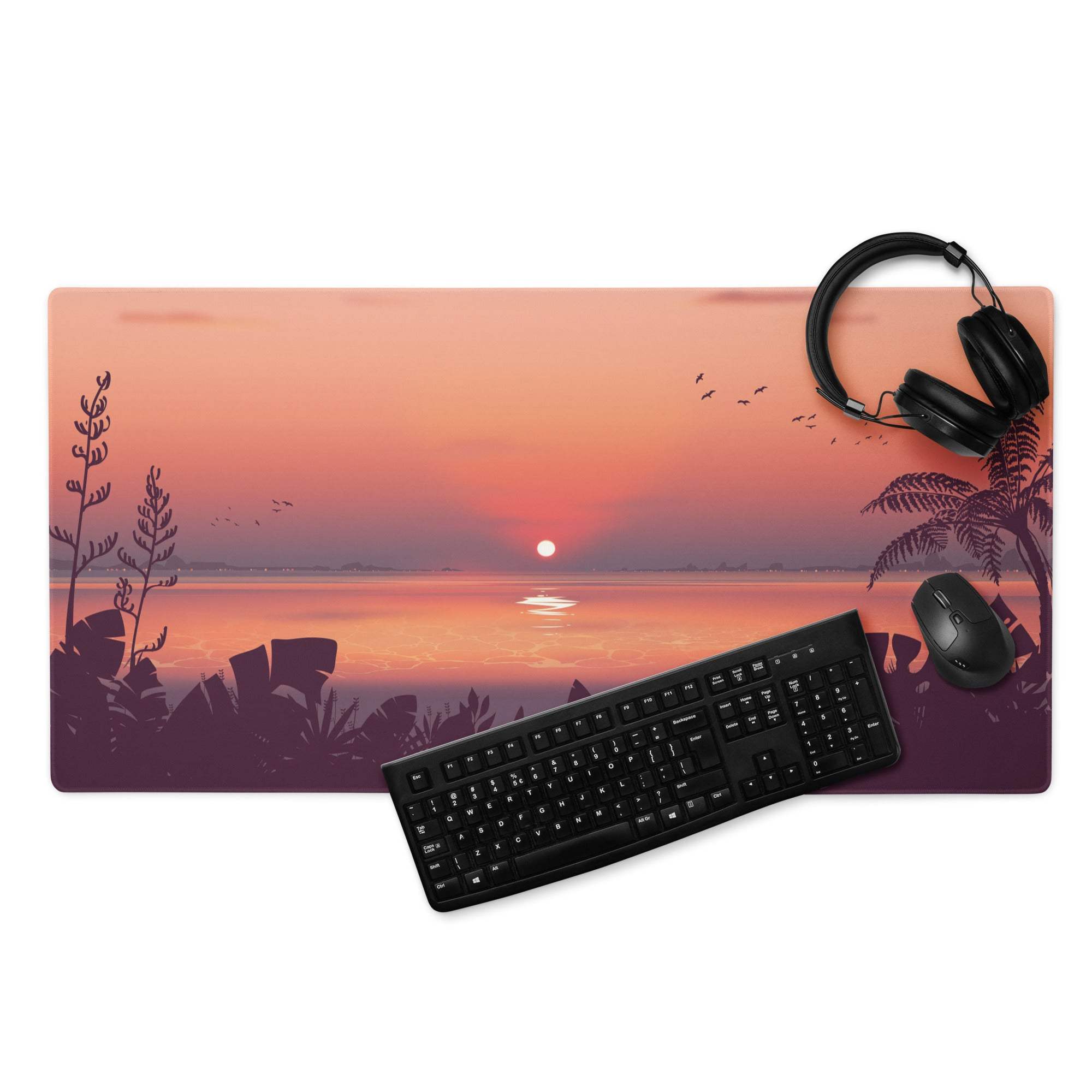 Sunset tropical gaming mouse pad with vibrant water sunset, palms, birds