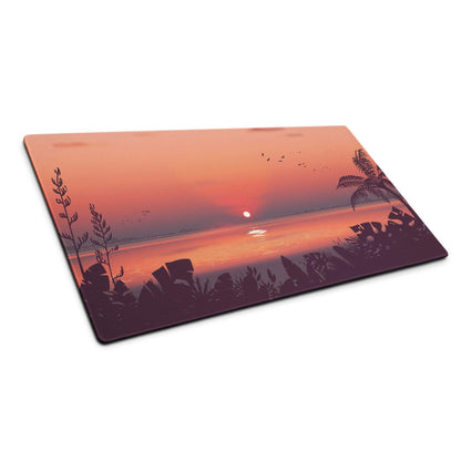Large sunset tropical glass cutting board with silhouetted plants birds orange purple sky mouse pad